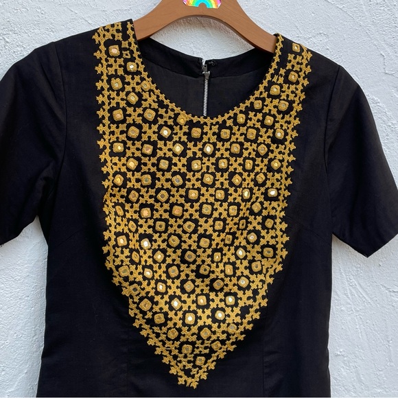 Vintage 60’s Boho Embroidery & Mirrored Discs Black Dress Size Small - Picture 5 of 9